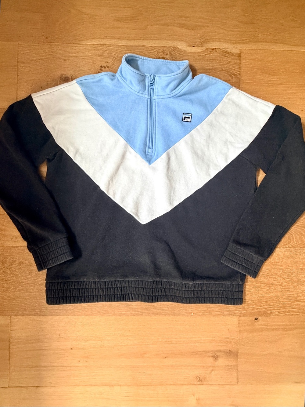 VTG 90s FILA Quarter Zip Sweatshirt Chevron Light Blue White Black Wms XL Fleece